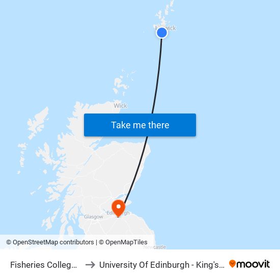 Fisheries College, Scalloway to University Of Edinburgh - King's Buildings Campus map