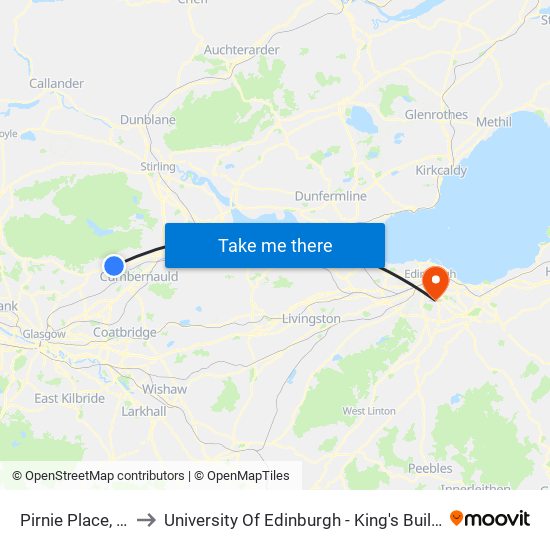 Pirnie Place, Kilsyth to University Of Edinburgh - King's Buildings Campus map