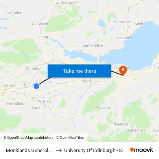 Monklands General Hospital, Whinhall to University Of Edinburgh - King's Buildings Campus map