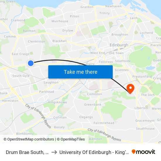 Drum Brae South, Corstorphine to University Of Edinburgh - King's Buildings Campus map