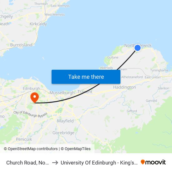 Church Road, North Berwick to University Of Edinburgh - King's Buildings Campus map