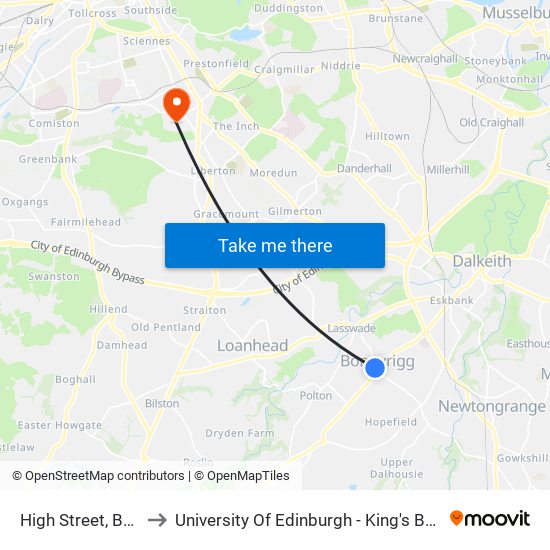 High Street, Bonnyrigg to University Of Edinburgh - King's Buildings Campus map