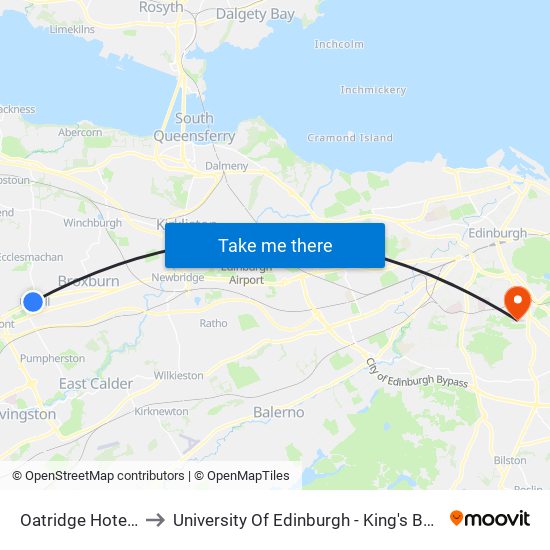 Oatridge Hotel, Uphall to University Of Edinburgh - King's Buildings Campus map