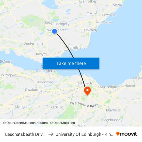 Leuchatsbeath Drive, Cowdenbeath to University Of Edinburgh - King's Buildings Campus map