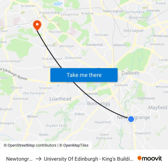 Newtongrange to University Of Edinburgh - King's Buildings Campus map