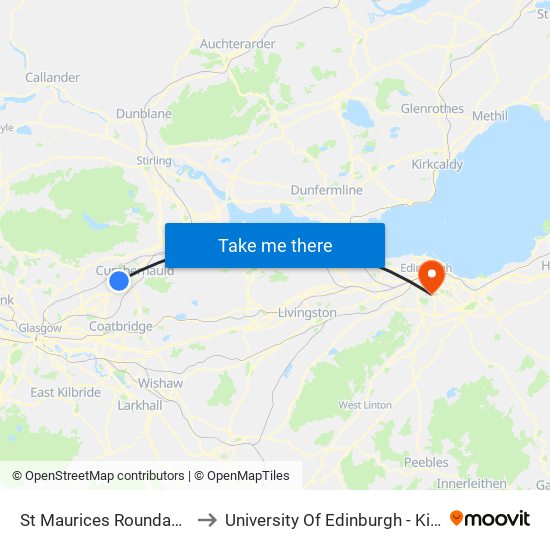 St Maurices Roundabout, Cumbernauld to University Of Edinburgh - King's Buildings Campus map