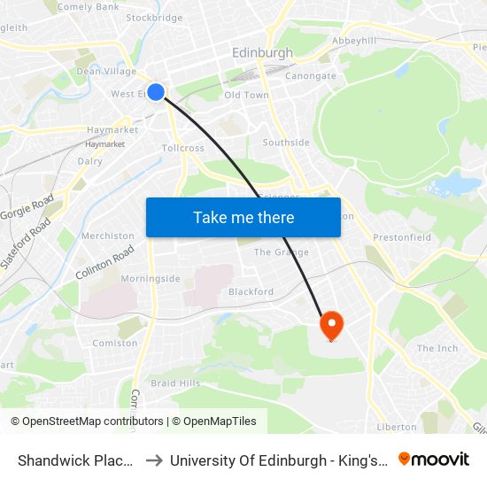 Shandwick Place, West End to University Of Edinburgh - King's Buildings Campus map