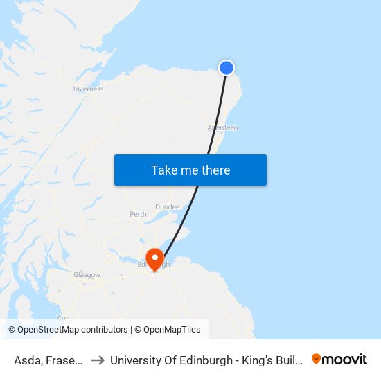 Asda, Fraserburgh to University Of Edinburgh - King's Buildings Campus map