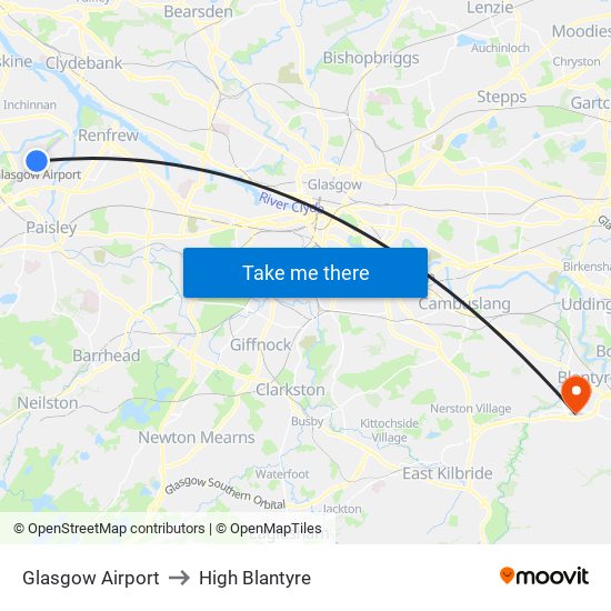 Glasgow Airport to High Blantyre map