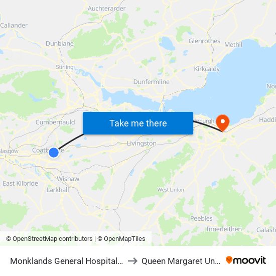 Monklands General Hospital, Whinhall to Queen Margaret University map