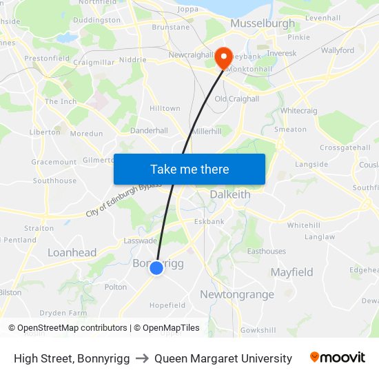 High Street, Bonnyrigg to Queen Margaret University map