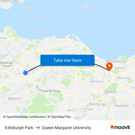 Edinburgh Park to Queen Margaret University map