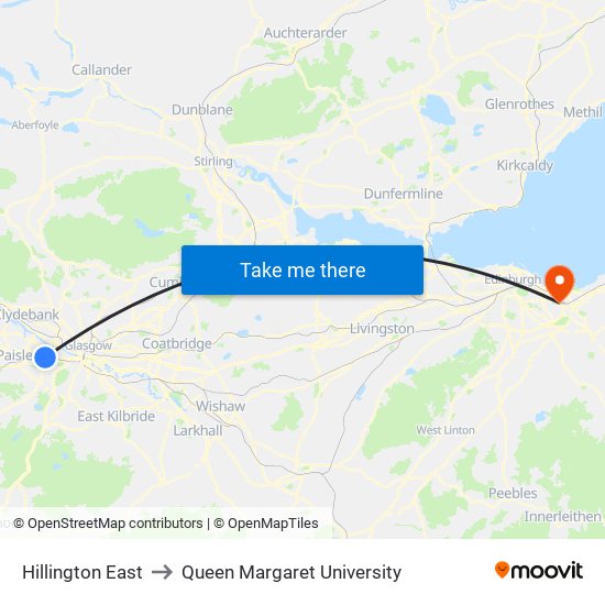 Hillington East to Queen Margaret University map