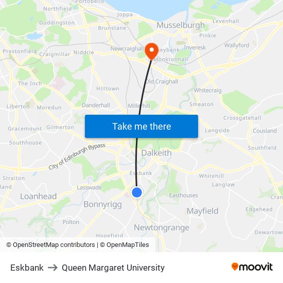Eskbank to Queen Margaret University map