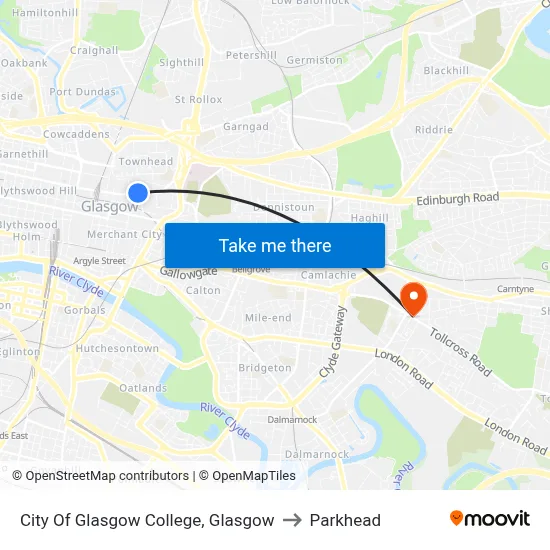 City Of Glasgow College, Glasgow to Parkhead map