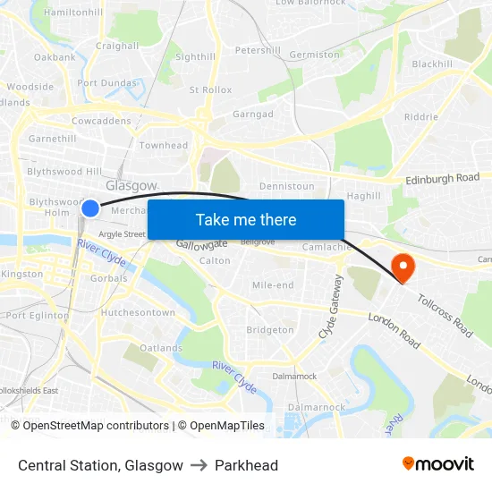 Central Station, Glasgow to Parkhead map