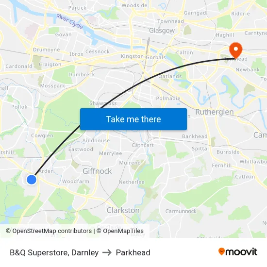 B&Q Superstore, Darnley to Parkhead map