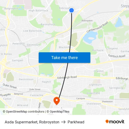 Asda Supermarket, Robroyston to Parkhead map