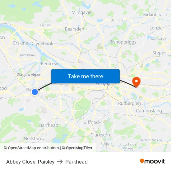Abbey Close, Paisley to Parkhead map