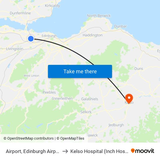 Airport, Edinburgh Airport to Kelso Hospital (Inch Hosp.) map