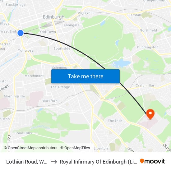 Lothian Road, West End to Royal Infirmary Of Edinburgh (Little France) map