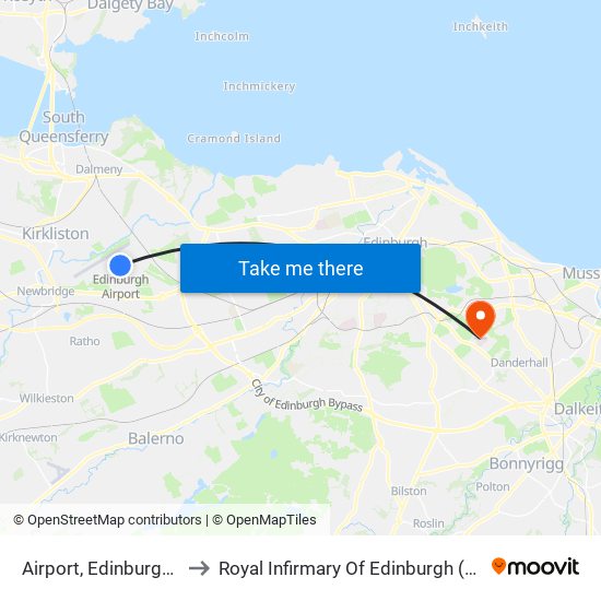 Airport, Edinburgh Airport to Royal Infirmary Of Edinburgh (Little France) map