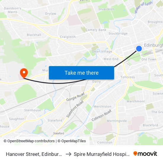 Hanover Street, Edinburgh to Spire Murrayfield Hospital map