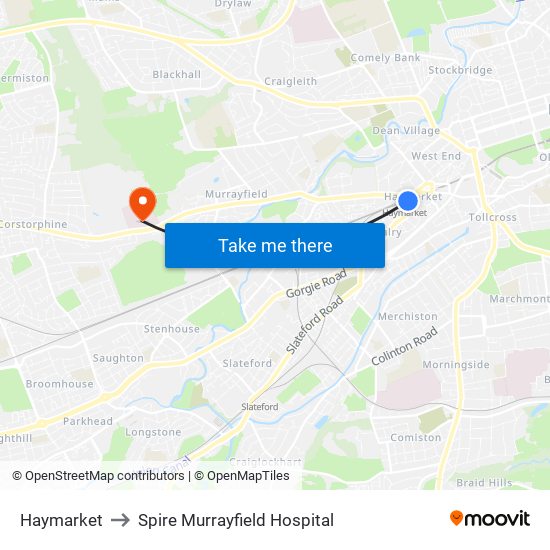 Haymarket to Spire Murrayfield Hospital map