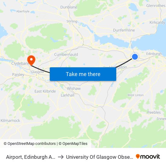 Airport, Edinburgh Airport to University Of Glasgow Observatory map