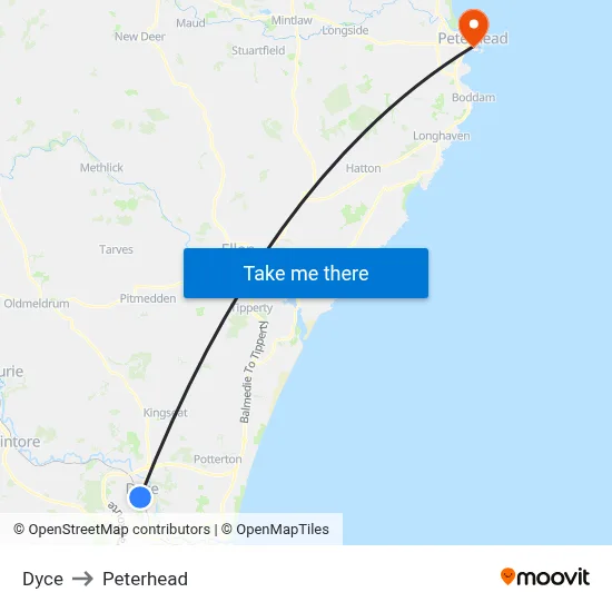 Dyce to Peterhead map