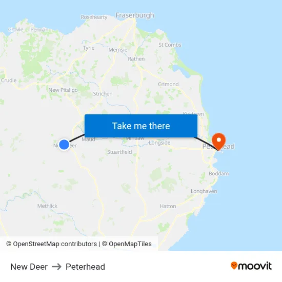 New Deer to Peterhead map