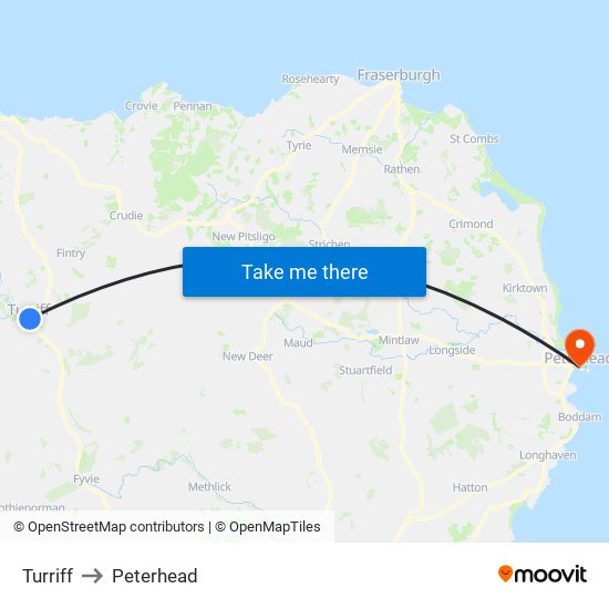 Turriff to Peterhead map