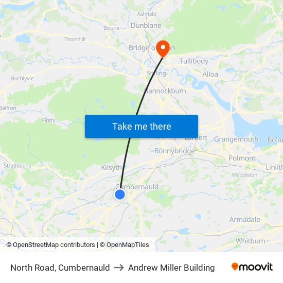 North Road, Cumbernauld to Andrew Miller Building map