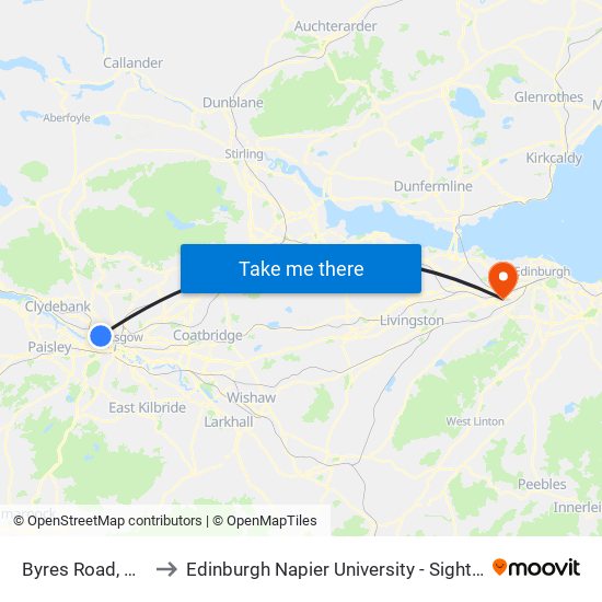 Byres Road, Partick to Edinburgh Napier University - Sighthill Campus map