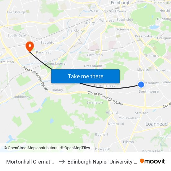Mortonhall Crematorium, Kaimes to Edinburgh Napier University - Sighthill Campus map