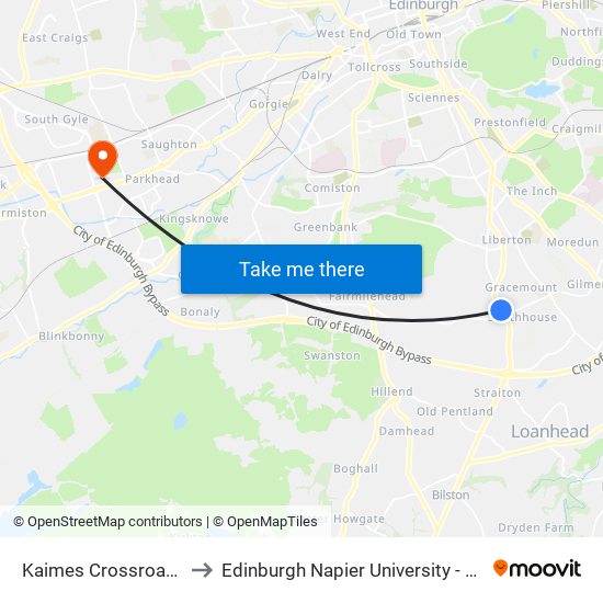 Kaimes Crossroads, Kaimes to Edinburgh Napier University - Sighthill Campus map