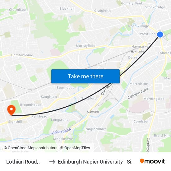 Lothian Road, West End to Edinburgh Napier University - Sighthill Campus map