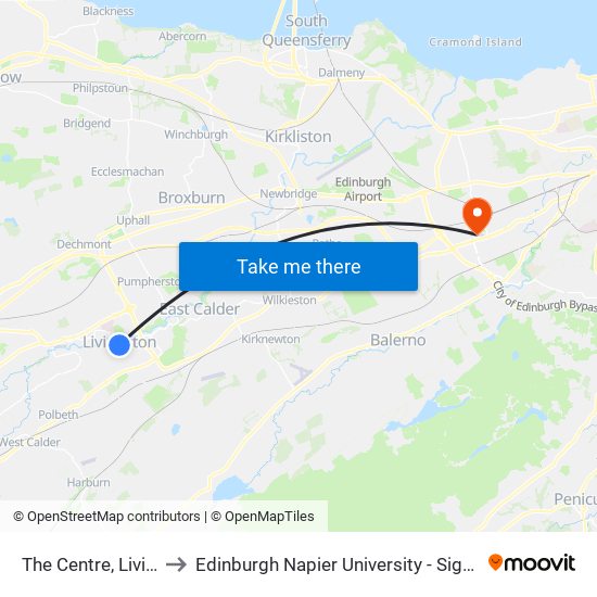 The Centre, Livingston to Edinburgh Napier University - Sighthill Campus map