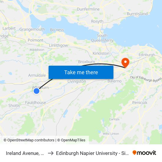 Ireland Avenue, Whitburn to Edinburgh Napier University - Sighthill Campus map