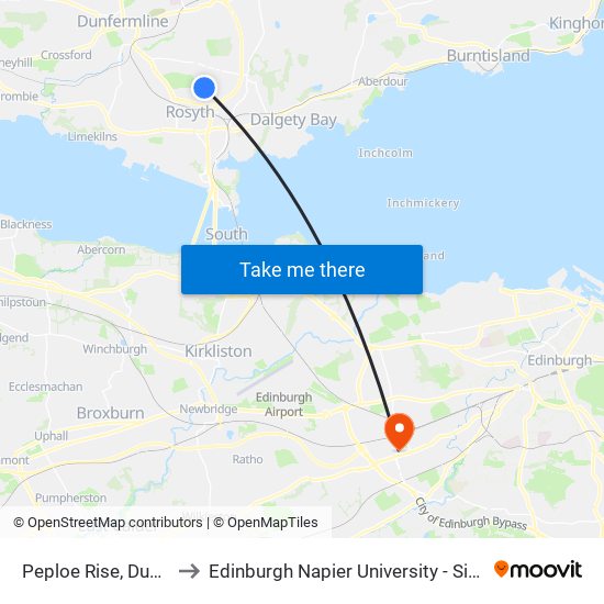 Peploe Rise, Dunfermline to Edinburgh Napier University - Sighthill Campus map