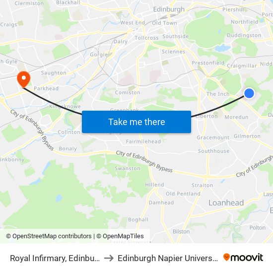 Royal Infirmary, Edinburgh Royal Infirmary to Edinburgh Napier University - Sighthill Campus map