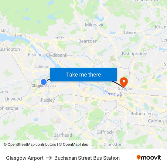 Glasgow Airport to Buchanan Street Bus Station map