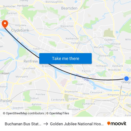 Buchanan Bus Station to Golden Jubilee National Hospital map