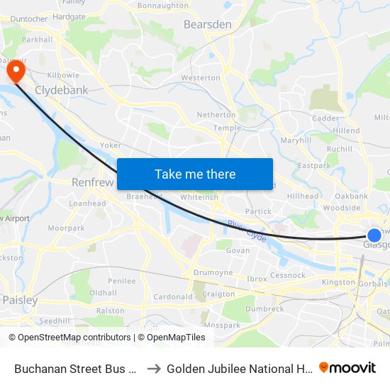 Buchanan Street Bus Station to Golden Jubilee National Hospital map