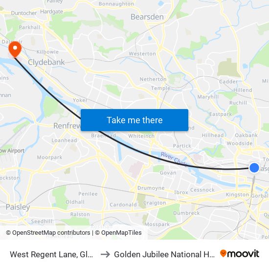 West Regent Lane, Glasgow to Golden Jubilee National Hospital map