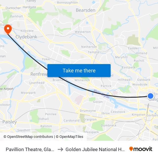 Pavillion Theatre, Glasgow to Golden Jubilee National Hospital map