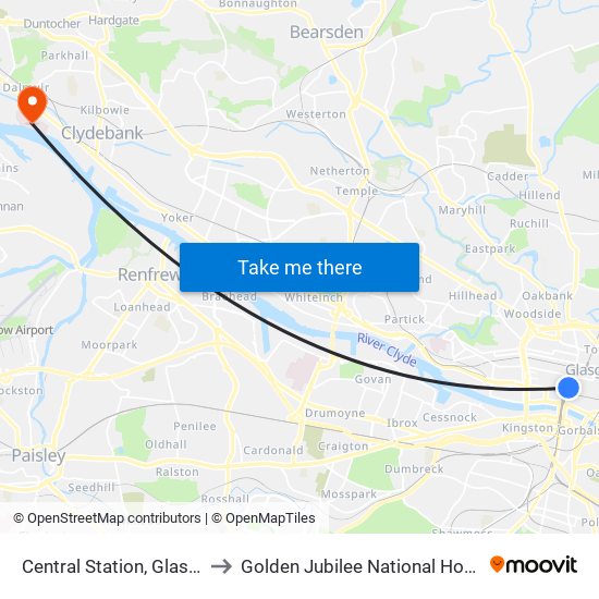 Central Station, Glasgow to Golden Jubilee National Hospital map