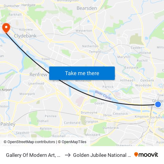 Gallery Of Modern Art, Glasgow to Golden Jubilee National Hospital map