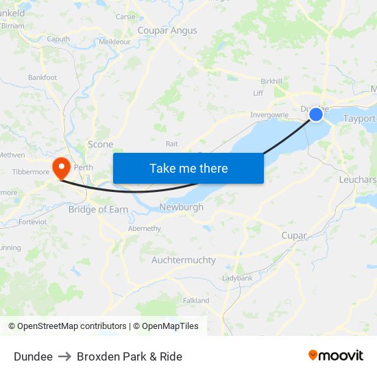 Dundee to Broxden Park & Ride map