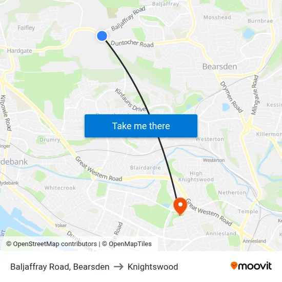 Baljaffray Road, Bearsden to Knightswood map